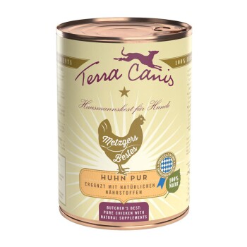 Eine Dose Terra Canis Hundefutter mit einem beigen Etikett, das eine Hühnergrafik zeigt und mit "Huhn Pur" und "Metzgers Bestes" beschriftet ist.